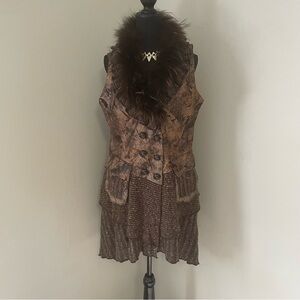 RARE VTG IDENTITY CLUB‎ Camo Knit & FAUX Leather Feathers/Fur Sweater Vest